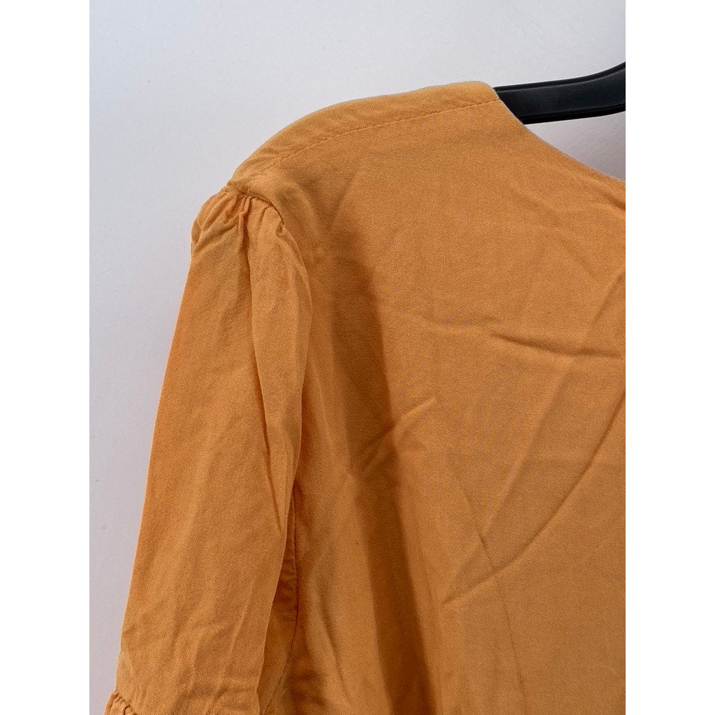 CAPULET Women’s Orange Pansy Asymmetrical Hem Wrap Long Sleeve Dress SZ S