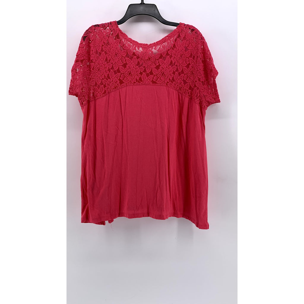 DKNY JEANS Women's Pink Floral Lace Shoulder Short Sleeve Tunic Top SZ 2XL