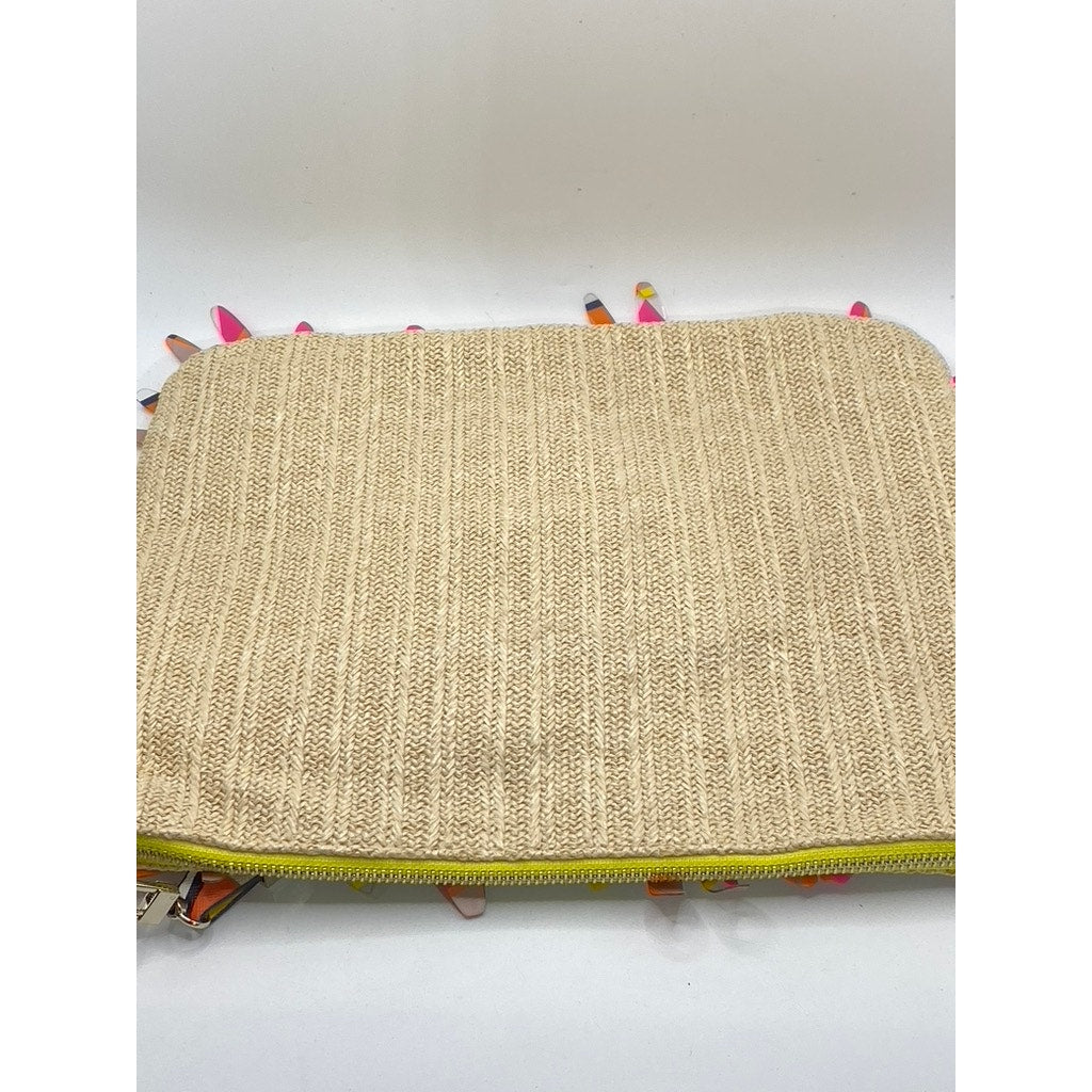TRINA TURK Women's Beige-Pink Beaded Flower Woven Wristlet Clutch
