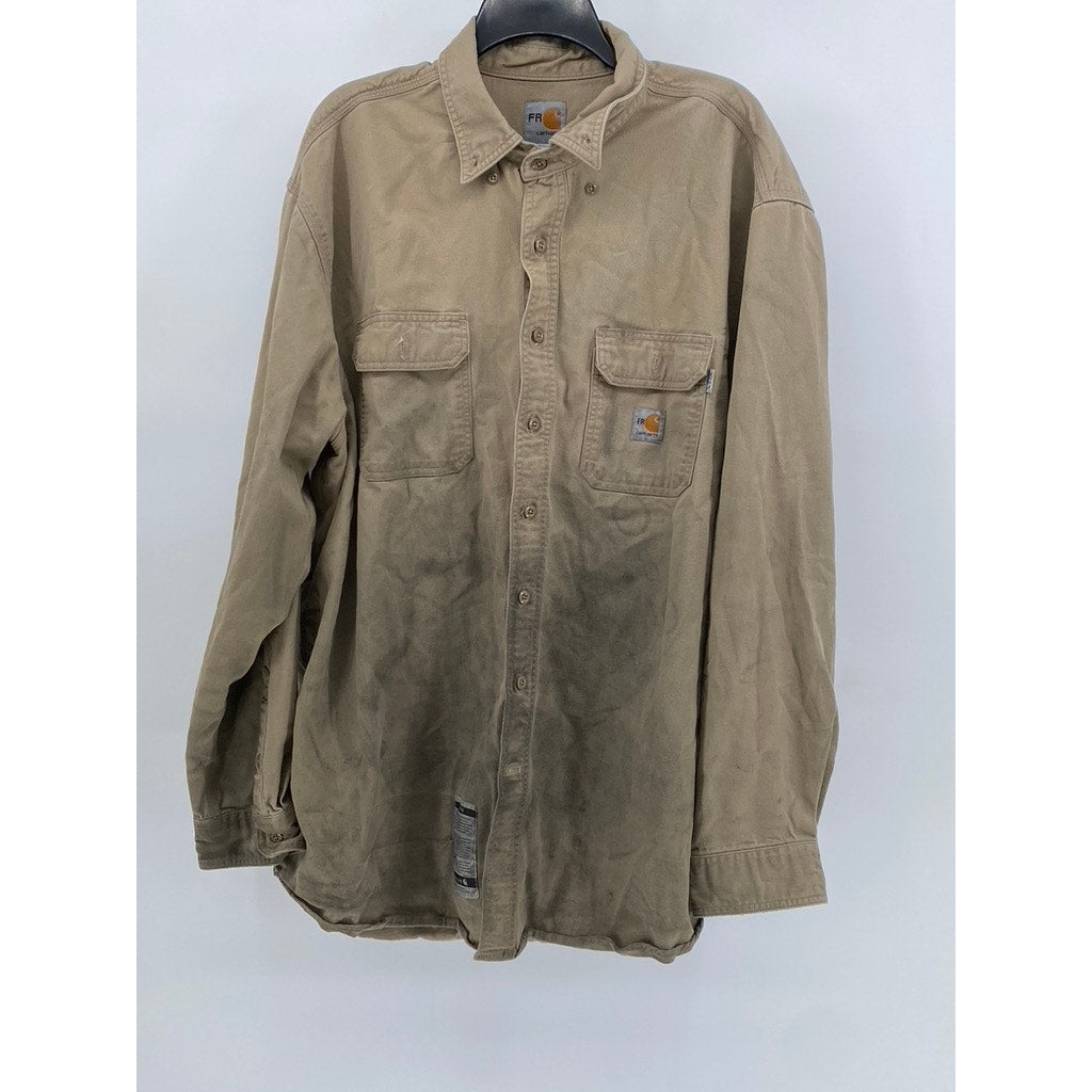 CARHARTT Men's Tan Distressed FR Regular Fit Twill Button-Up Shirt SZ 2XL