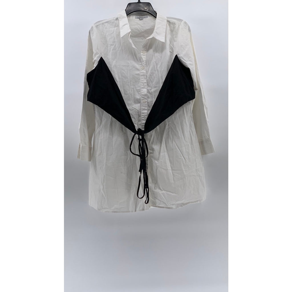 BLASHE Women’s White-Black Tie-Front Button-Up Long Sleeve Shirt Dress SZ L