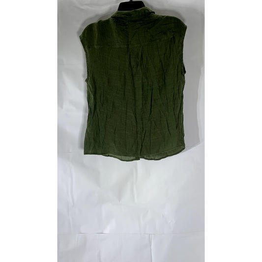 TAMARA H. Women's Olive Green Button-Up Sleeveless Sheer Top SZ S