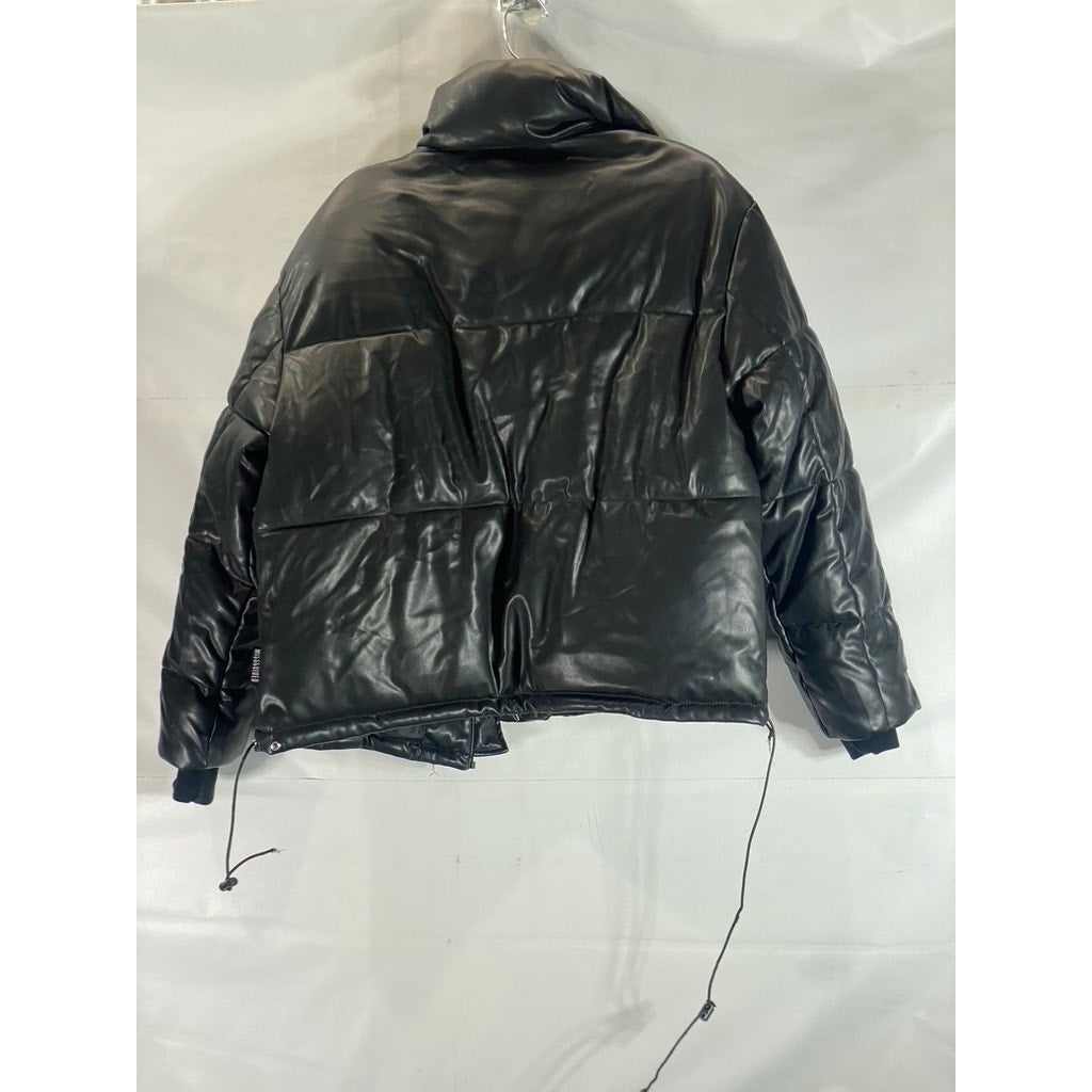 MISSGUIDED Women's Black Faux-Leather Mock-Neck Double-Closure Puffer Jacket SZ2