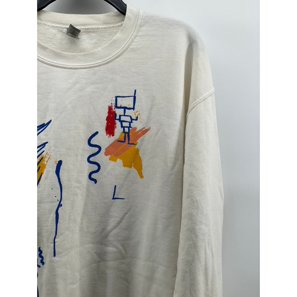 GILDAN Women's White Colorful Printed Crewneck Casual Long Sleeve Sweatshirt SZL