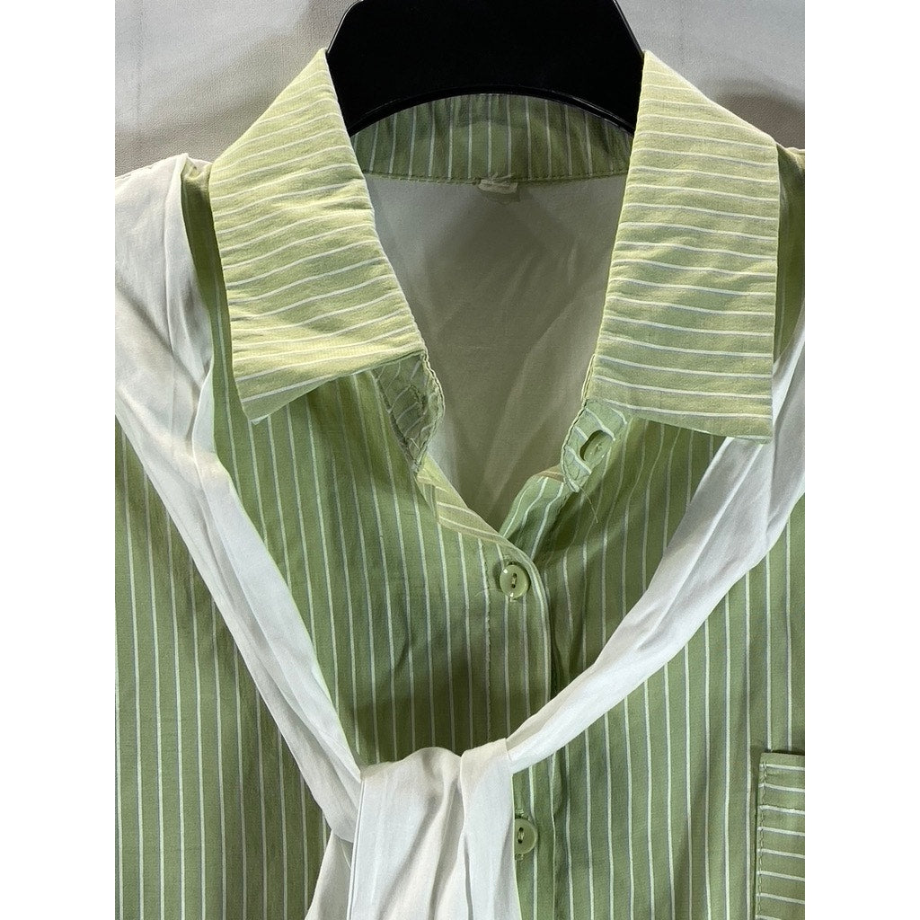 UNBRANDED Women's Green/White Pinstripe Preppy Over Shoulder Tie Top SZ XL