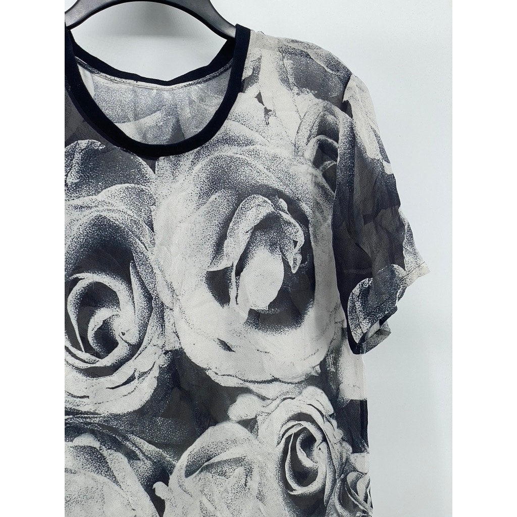 UNBRANDED Men’s Black-Gray Floral Crewneck Short Sleeve Sheer T-Shirt SZ M