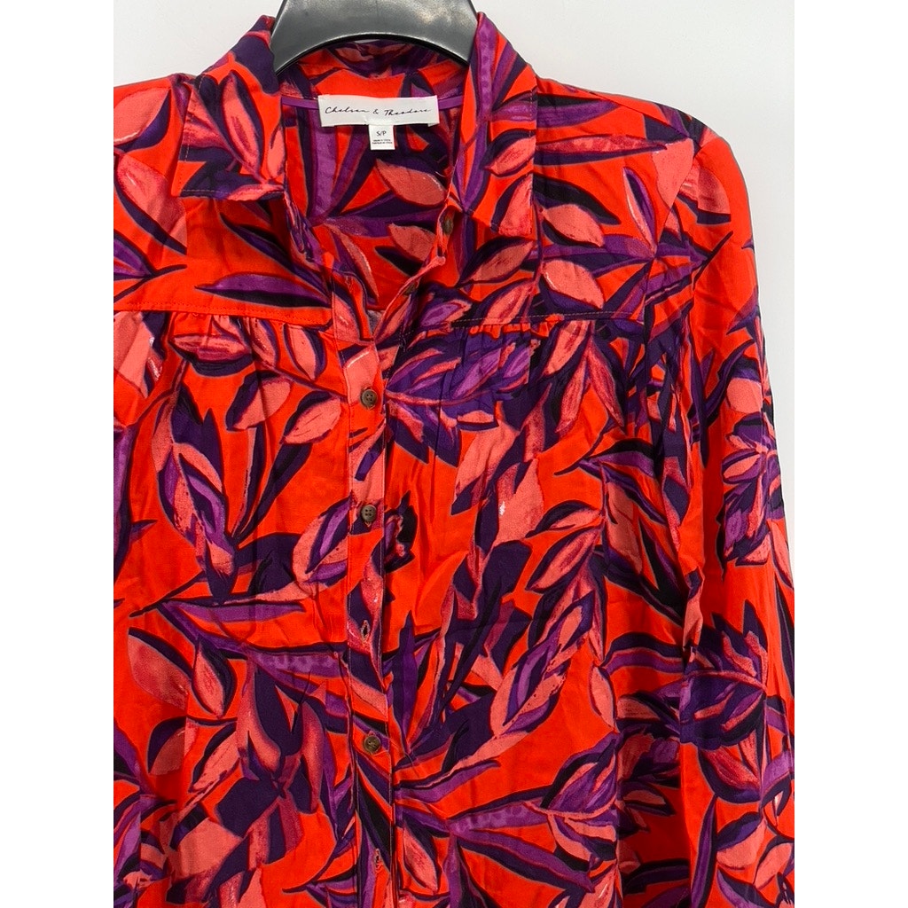 CHELSEA & THEODORE Women's Red Multi Leaf Print Button-Up Long Sleeve Top SZ S