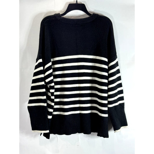 PHILOSOPHY Women's Black/White Striped Side-Slit Crewneck Pullover Sweater SZ2XL
