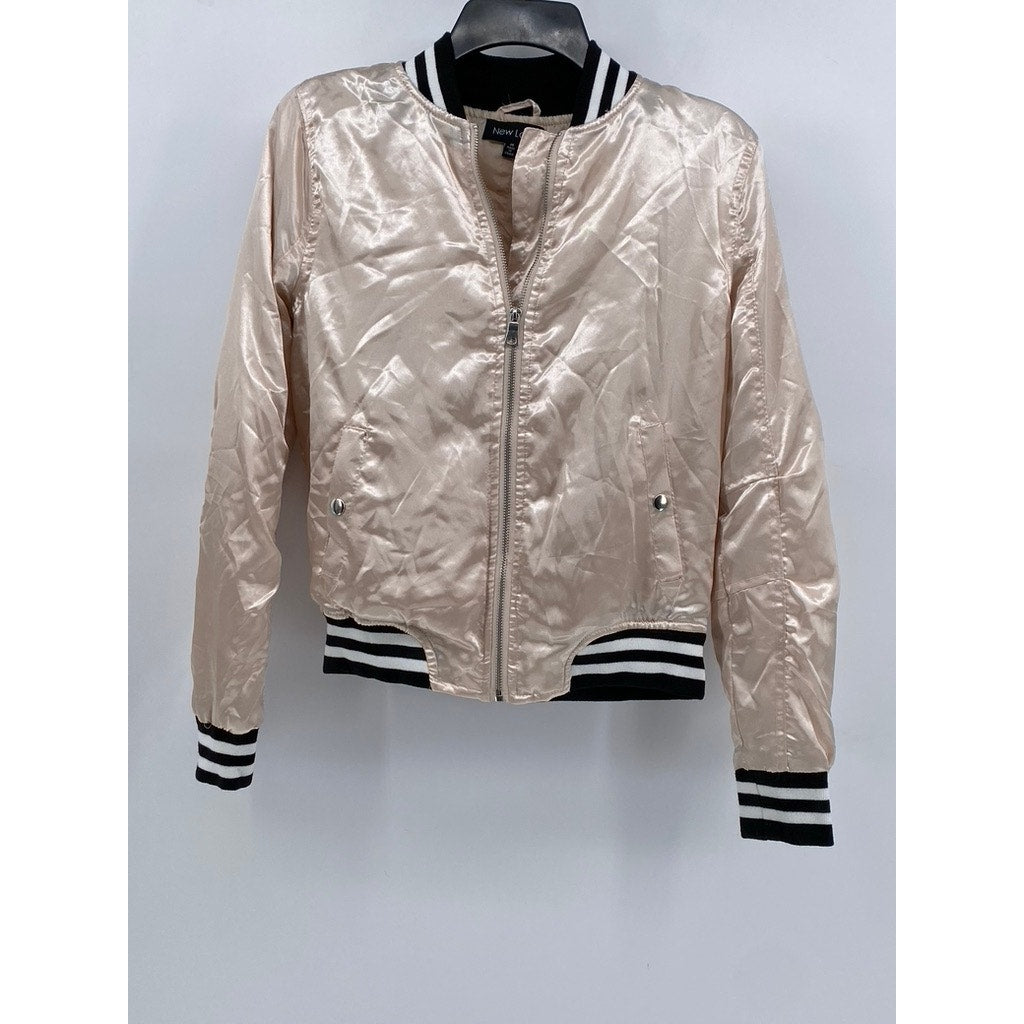 NEW LOOK Women's Beige Satin-Like Zip-Up Bomber Jacket SZ M