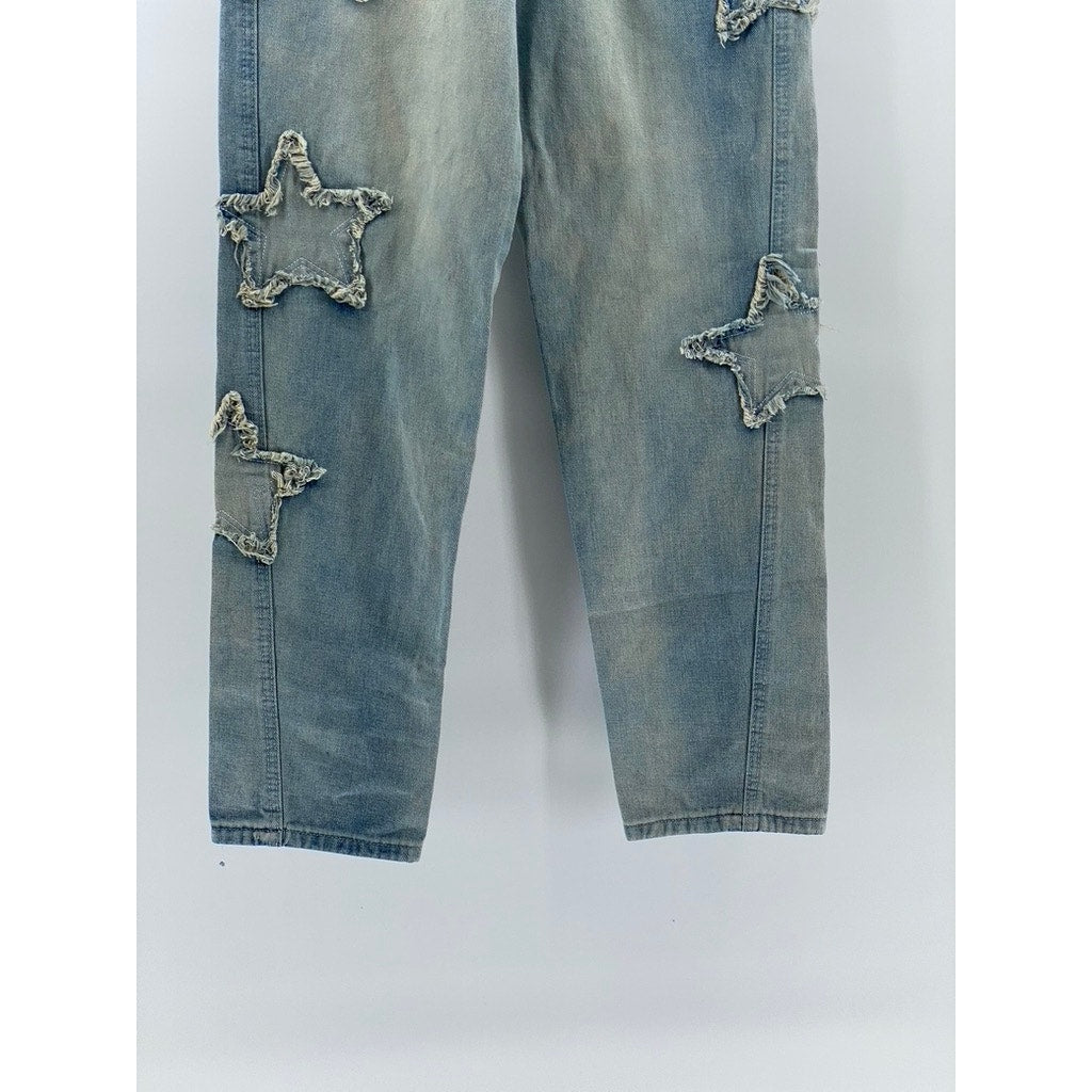 UNBRANDED Women's Light Blue Dyed Star Patch Streetwear Straight-Slim Jeans SZ M