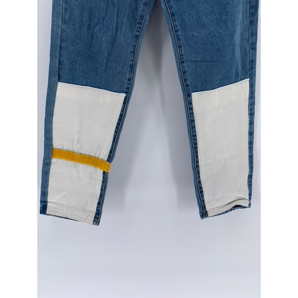 -CIDE Men’s Blue-White Color Block Denim Distressed Straight Leg Jeans SZ 31