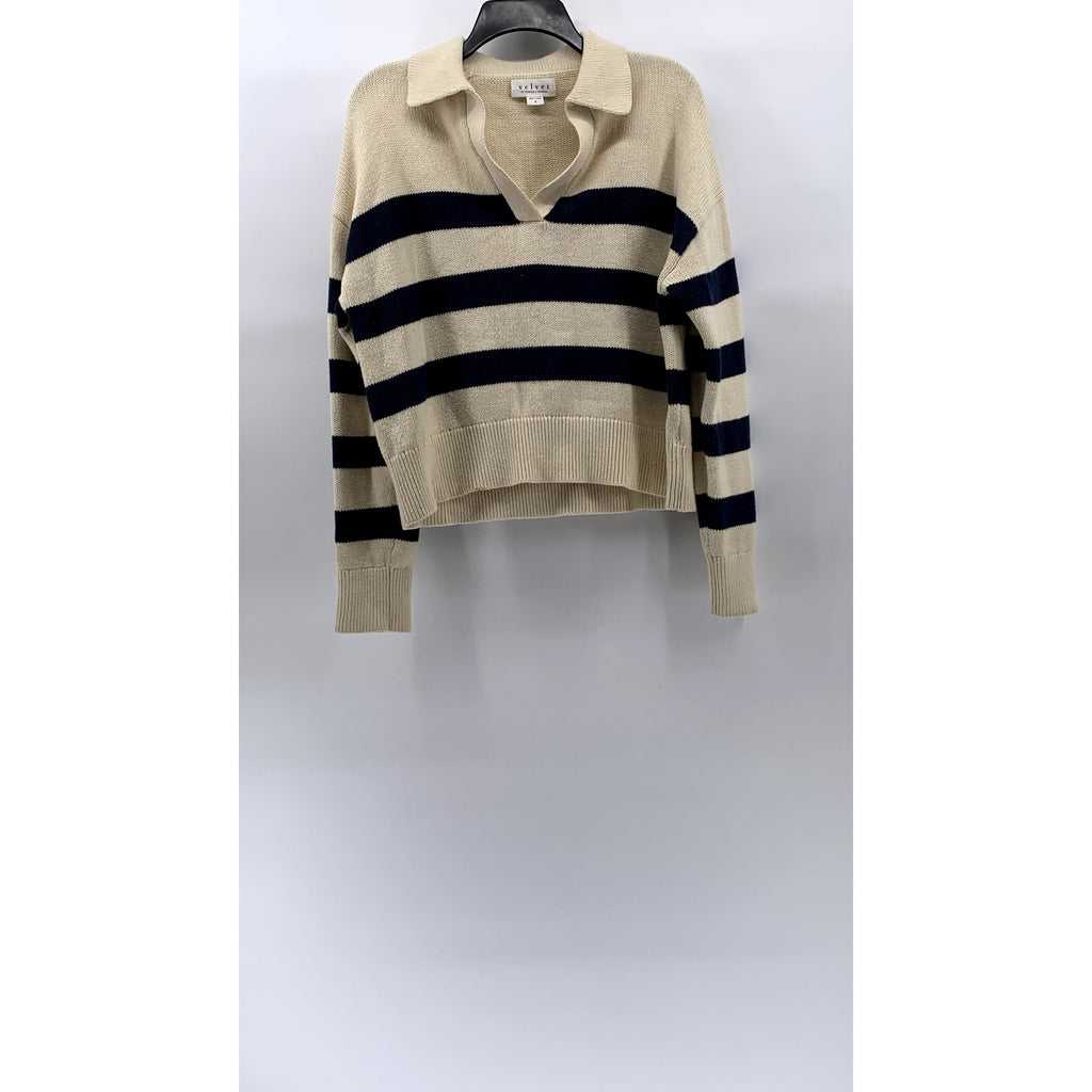 VELVET By GRAHAM & SPENCER Women's Beige-Black Striped Knit Sweater Polo SZ S