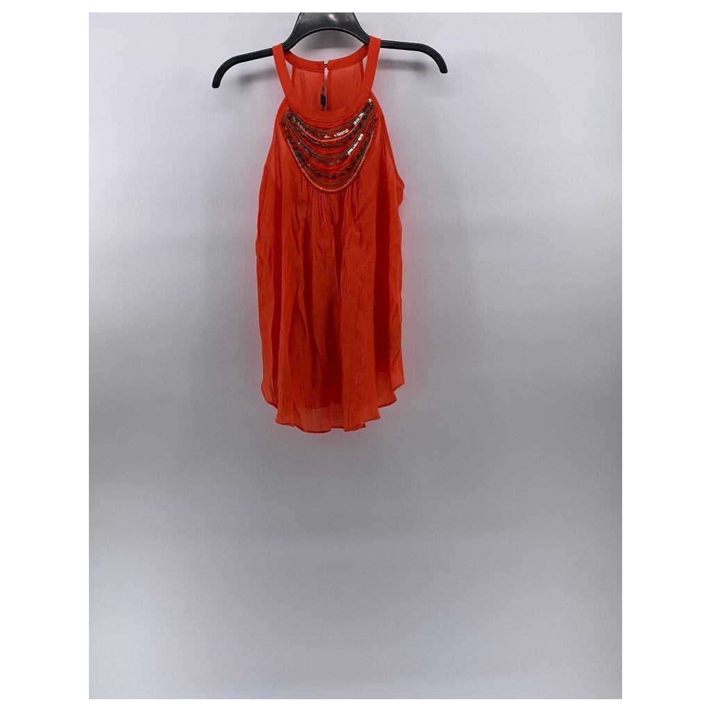 BCX Women's Orange Scoop-Neck Beaded Embellished Relaxed Fit Sleeveless Top SZ S