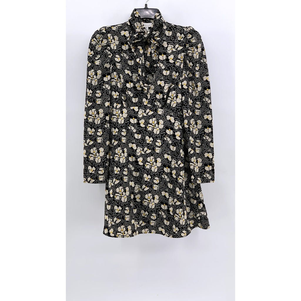 TOPSHOP Women's Black Floral Print Tie Neck Long Sleeve Mini Dress SZ 4