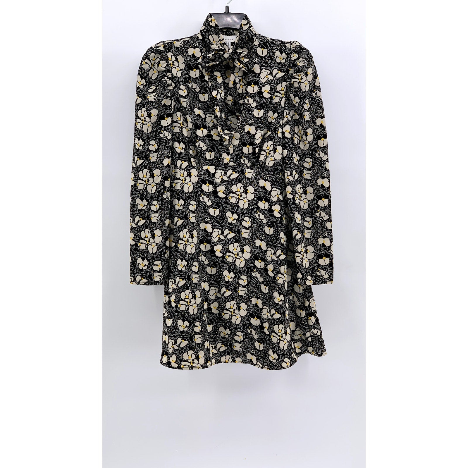 TOPSHOP Women's Black Floral Print Tie Neck Long Sleeve Mini Dress SZ 4
