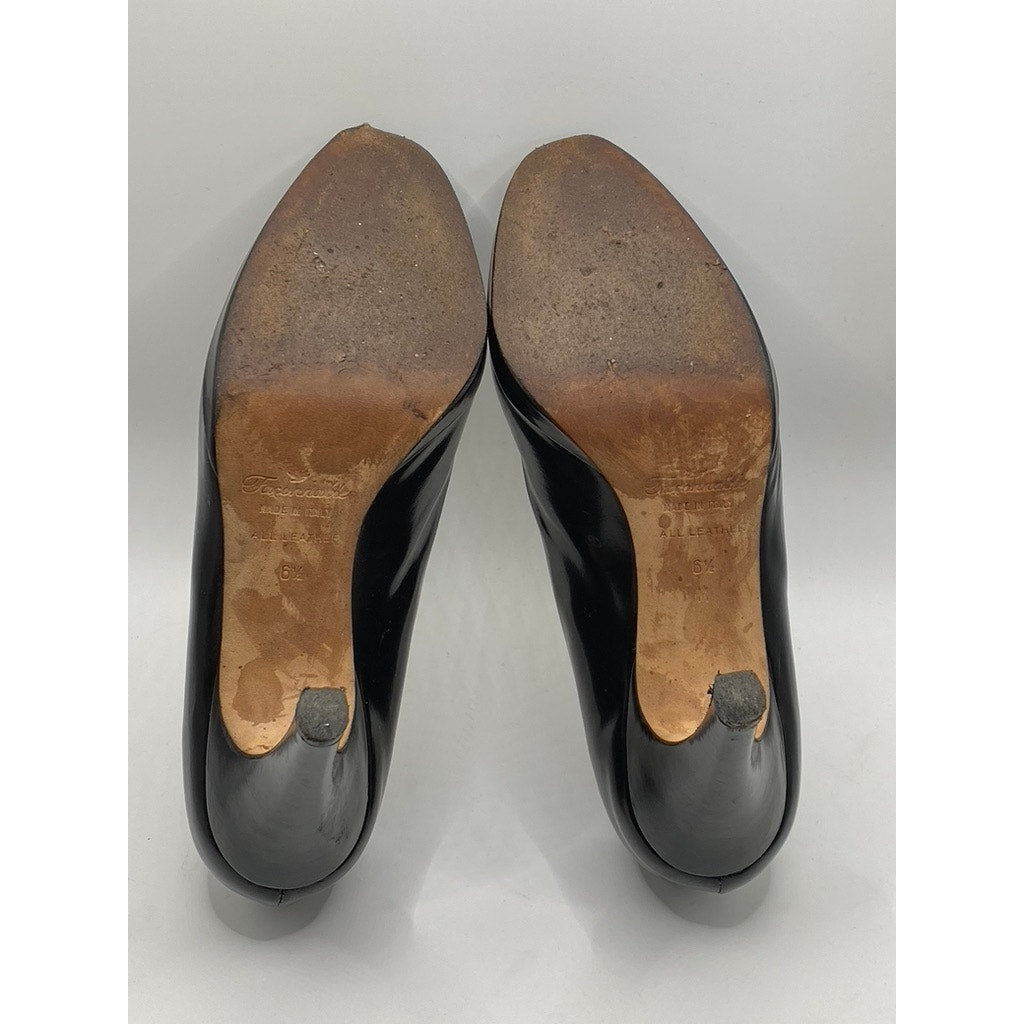 FACONNABLE Women's Black Leather Peep-Toe Slip-On Stiletto Heels SZ 6.5