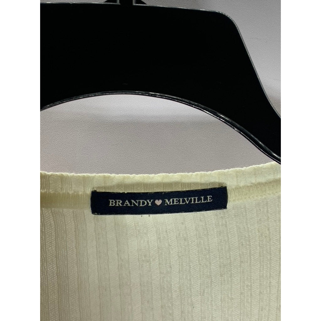 BRANDY MELVILLE Women's Cream Ribbed V-Neck Long Sleeve Crop Top SZ M