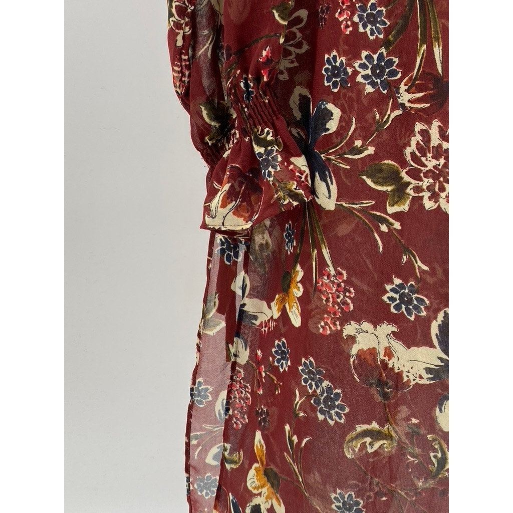 ZARA BASIC Women's Burgundy Floral Long Sleeve Button-Up Side-Slit Duster SZ XS