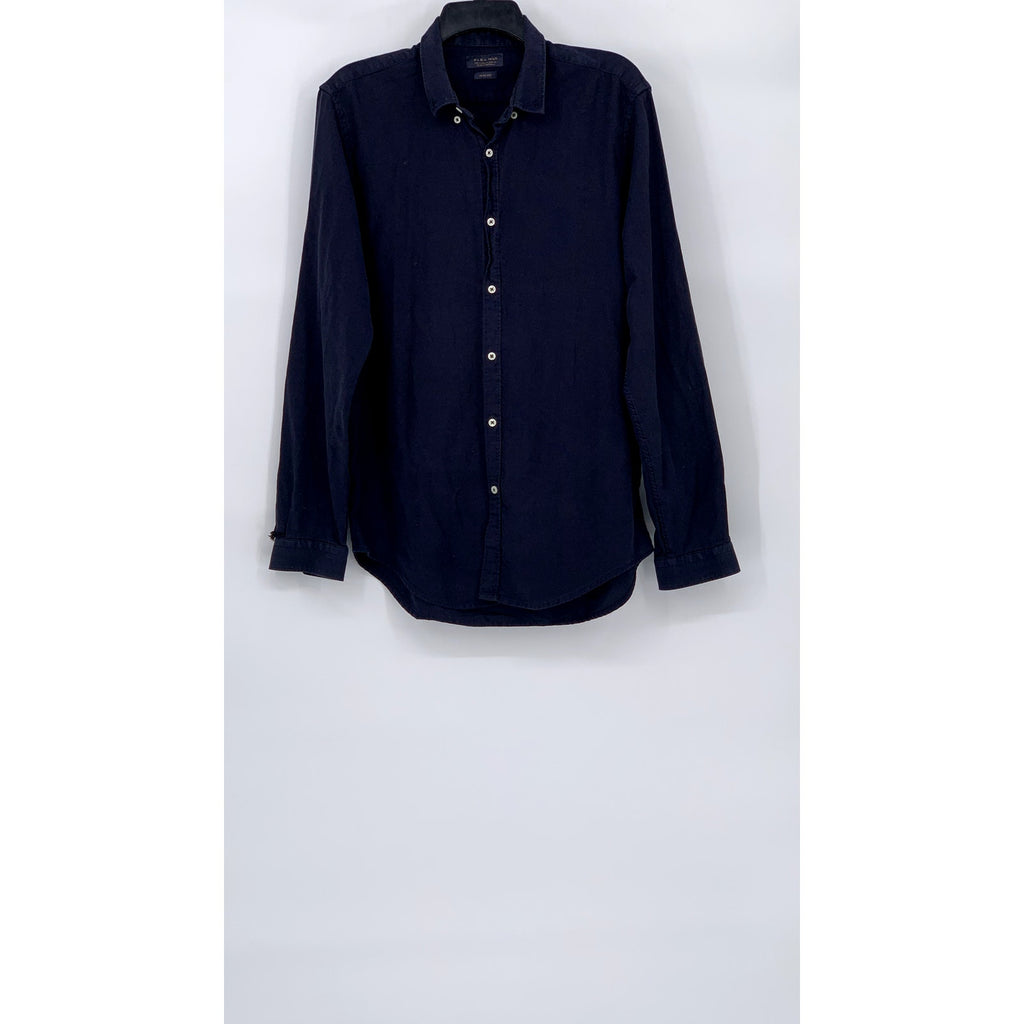 ZARA Men's Navy Blue Textured Slim-Fit Button-Up Long Sleeve Shirt SZ XL