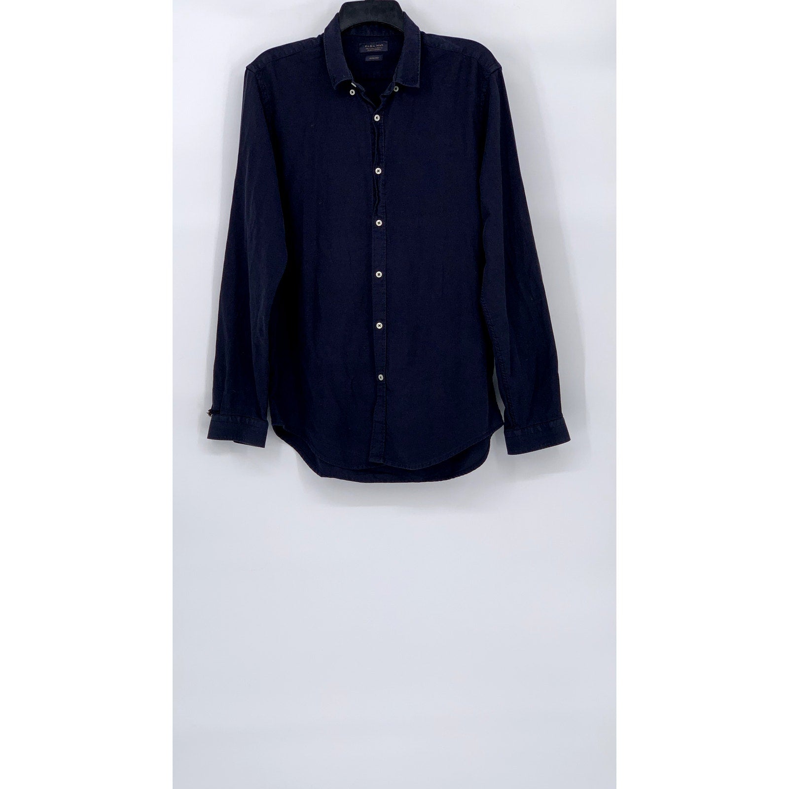 ZARA Men's Navy Blue Textured Slim-Fit Button-Up Long Sleeve Shirt SZ XL