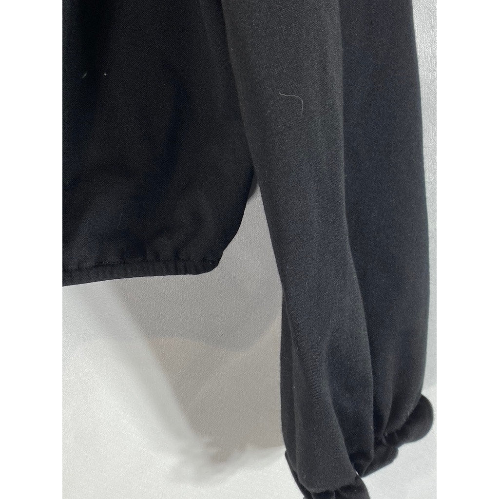 ALXNAN STUDIO Women's Black Square-Neck Long-Sleeve Button-Up Cropped Top SZ L