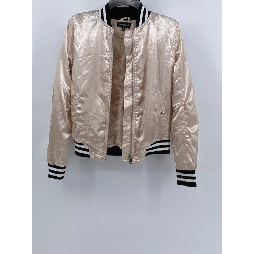 NEW LOOK Women's Beige Satin-Like Zip-Up Bomber Jacket SZ M