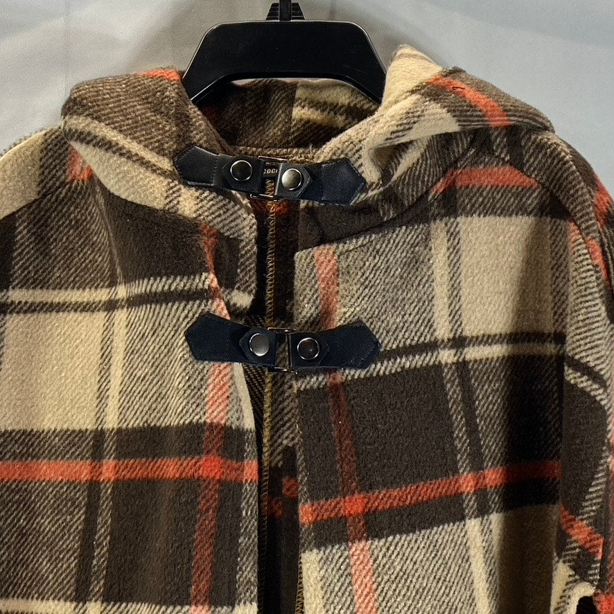 COCO + CARMEN Women's Hooded Brown Plaid Toggle Poncho Ruana OS