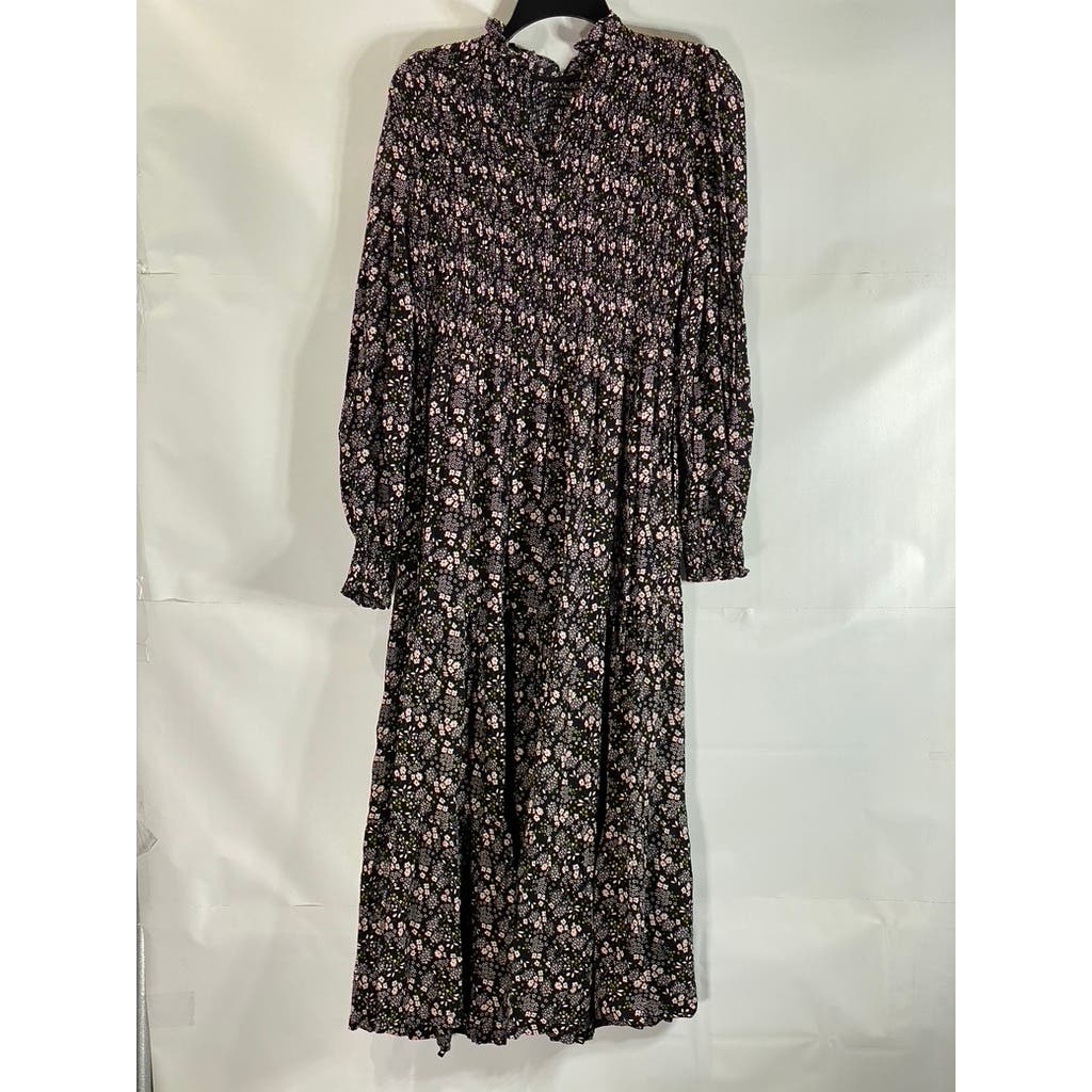 BODEN Women's Black Multi Floral Smocked Tiered Long Sleeve Midi Dress SZ 8R