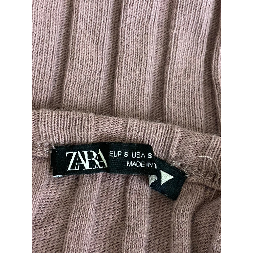 ZARA Women's Taupe Ribbed Straight-Neck Sleeveless Midi Bodycon Halter Dress SZS