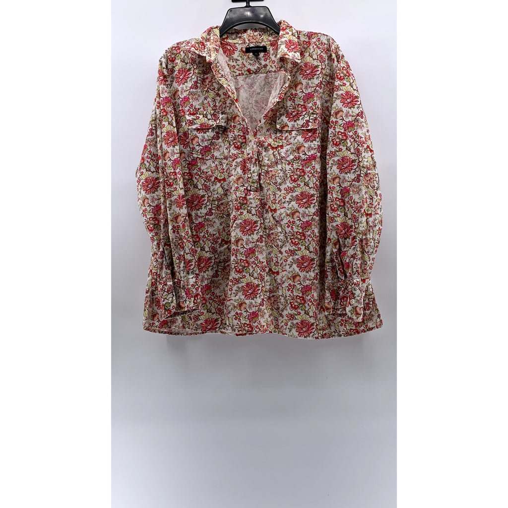 LANDS' END Women's White-Red Floral Corduroy Regular-Fit Button-Up Top SZ M