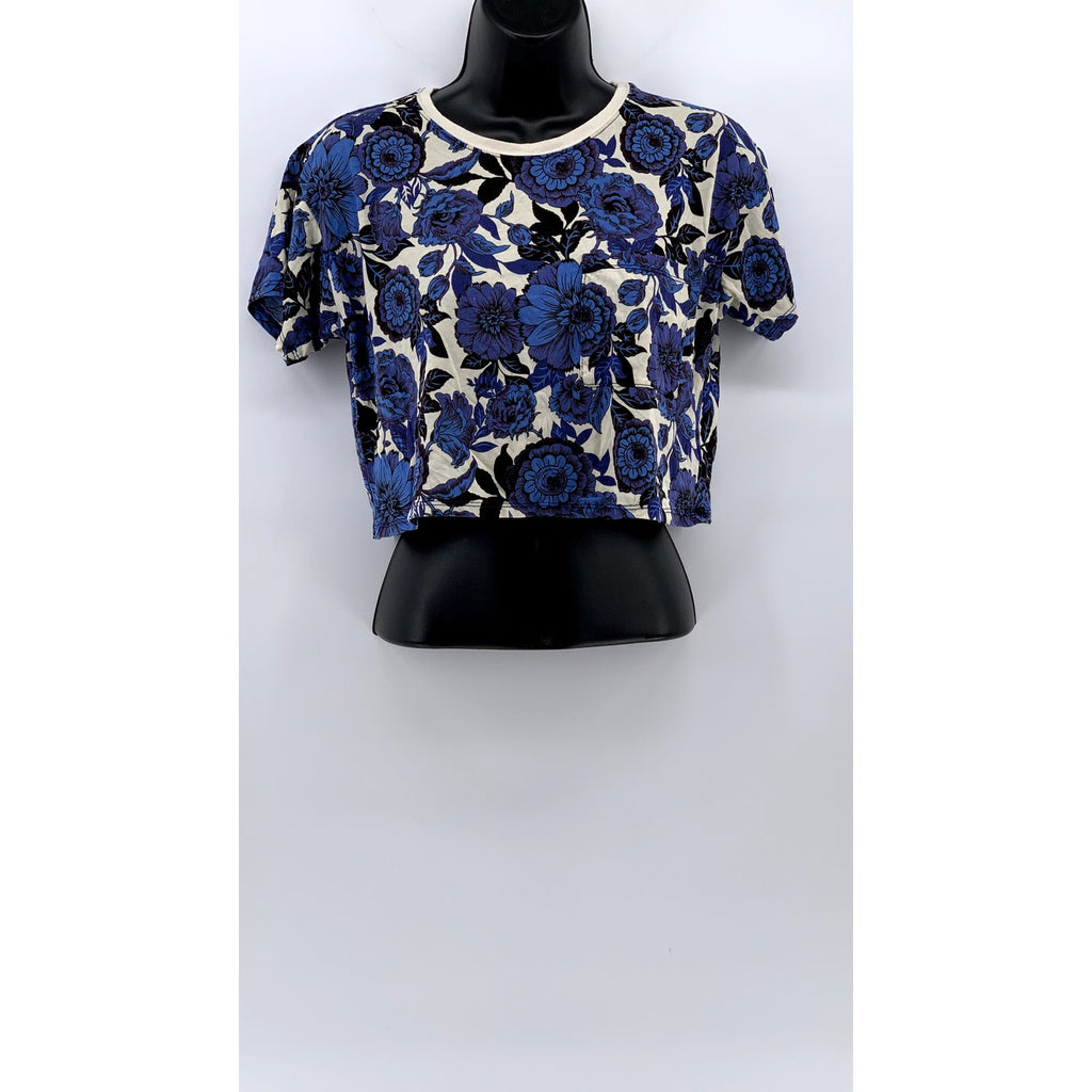 FORVER 21 Women’s Blue-Cream Floral Printed Crewneck Short Sleeve Crop Top SZ S