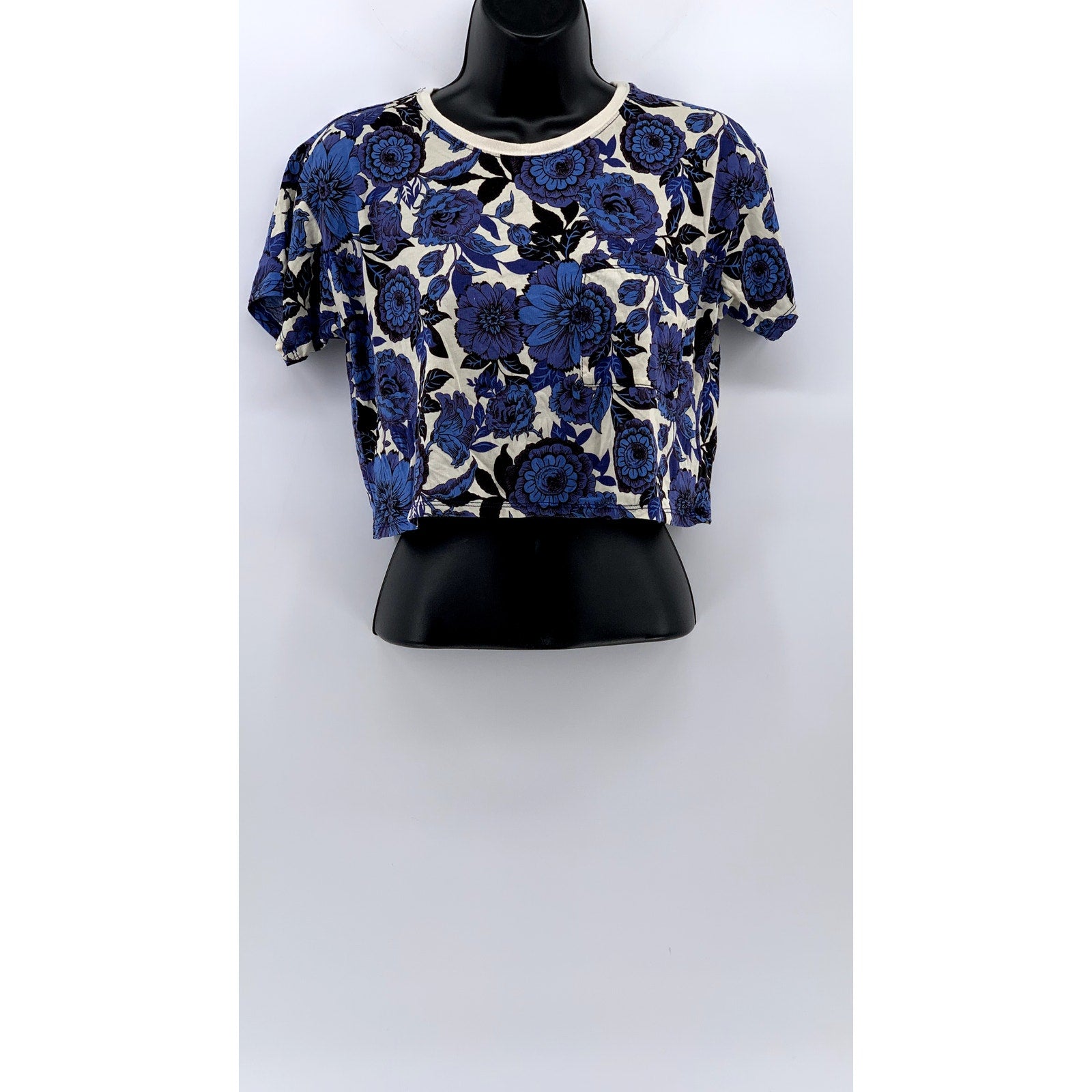 FORVER 21 Women’s Blue-Cream Floral Printed Crewneck Short Sleeve Crop Top SZ S