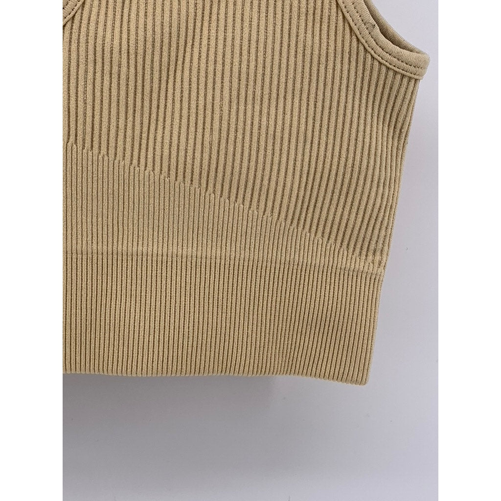 UNBRANDED Women's Tan Split Neck Ribbed Crop Top SZ S