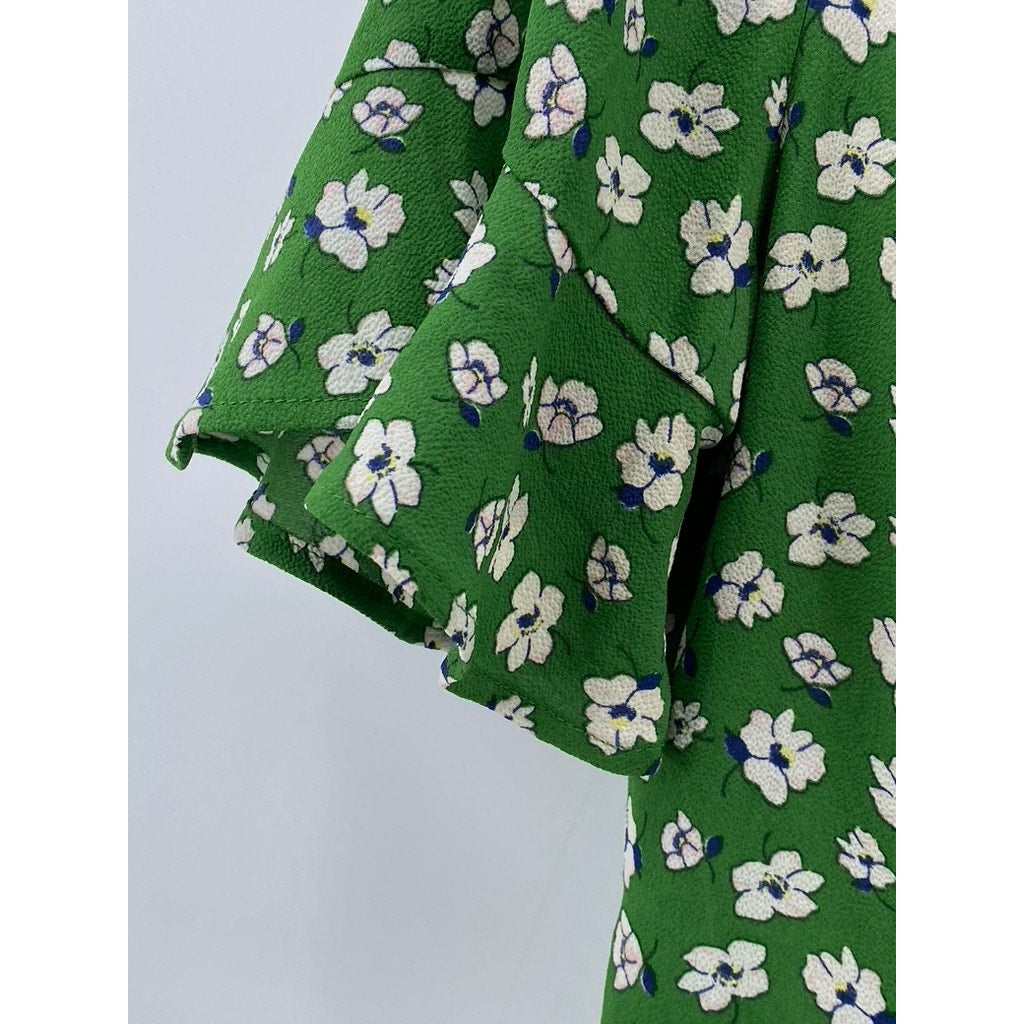 UNBANDED Women's Green Floral V-Neck Button-Up Ruffle Elbow Sleeve Dress SZ M