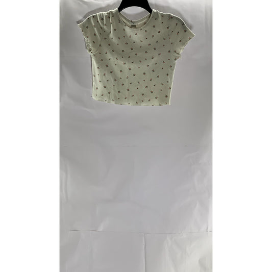 FOREVER 21 Women's White Micro Floral Print Crewneck Short Sleeve Crop Top SZ S