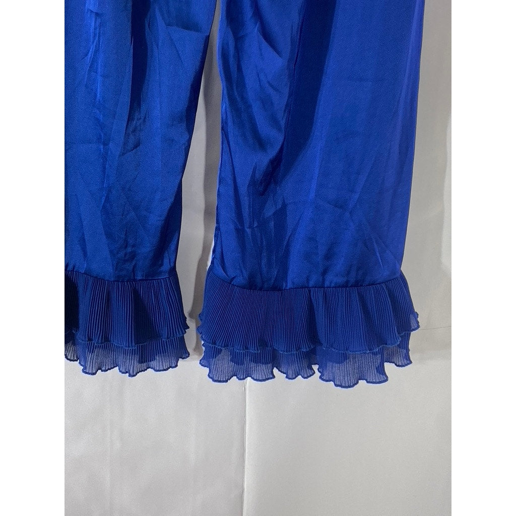 SHEIN Women's Royal Blue Satin Ruffle Layered Hem Pull-On Pant SZ S