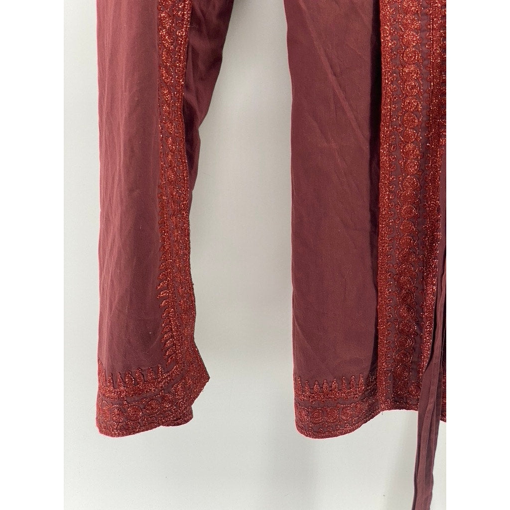 H&M Women's Burgundy Glitter Embroidered Trim Wrap Side Slit Pants 4