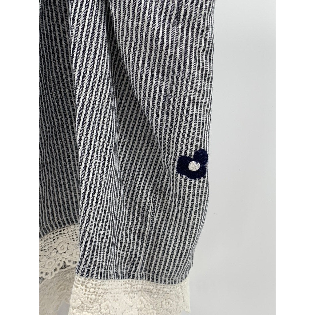 ALICE BLUE Women's Gray-White Striped Embroidered Floral Lace-Trim Top SZ L