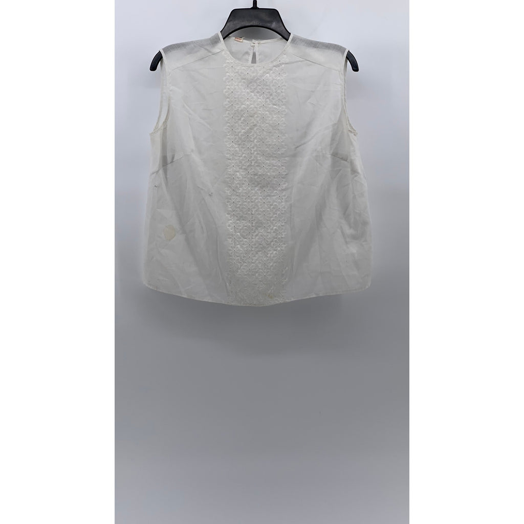 UNBRANDED Women's White Eyelet Embroidered Floral Stripe Sleeveless Top SZ M