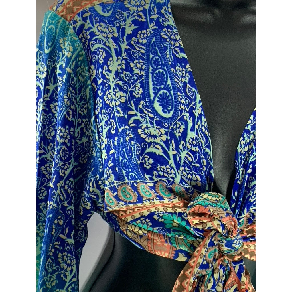 BIG BULL By CAM Women's Blue/Green Floral Paisley Tie-Knot Flare Sleeve Top SZ M