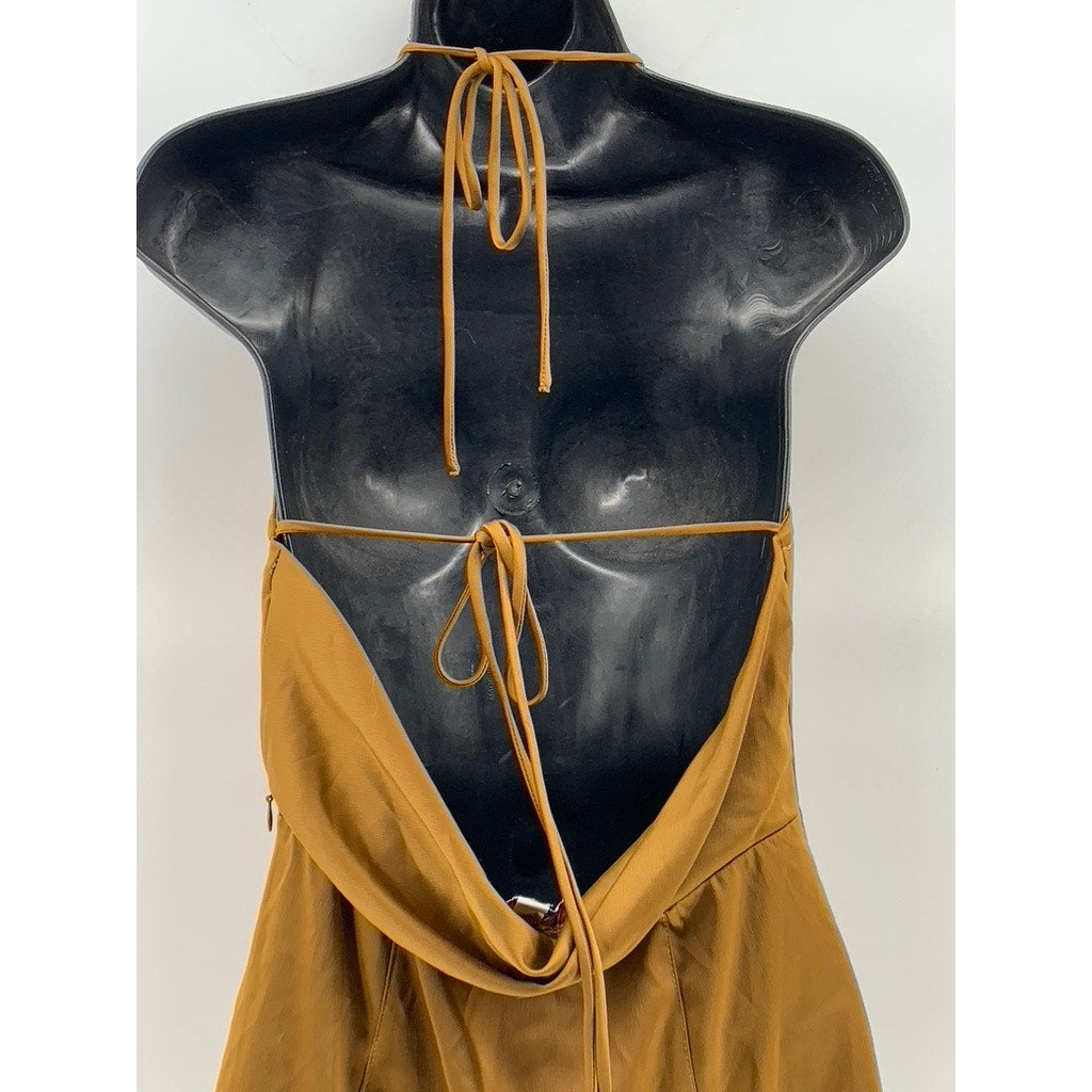 URBAN OUTFITTERS Women's Gold Shae Cowl-Neck Open-Back A-Line Mini Dress SZ M