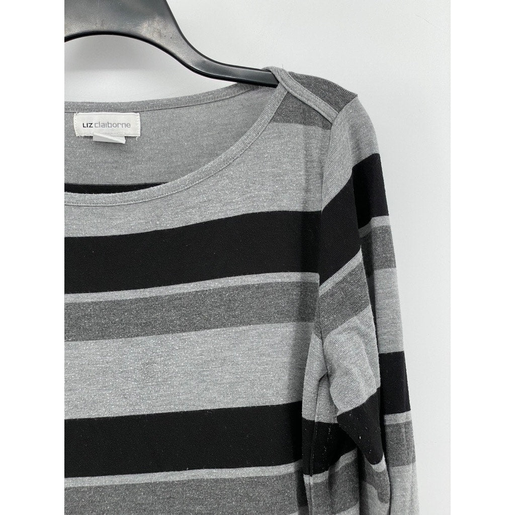 LIZ CLAIBORNE Women's Gray-Black Striped Boat-Neck Top SZ XL