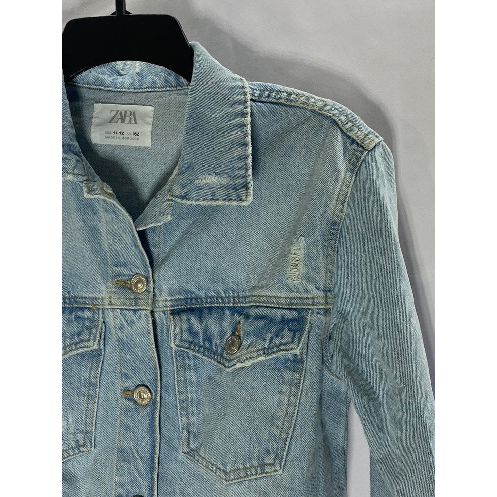 ZARA Girl's Light Blue Denim Basic Button-Up Distressed Jacket SZ 11/12
