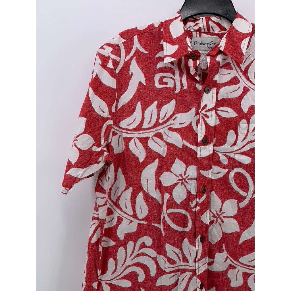 BISHOP ST. APPAREL Men's Vintage Red-White Hawaiian Floral Button-Up Shirt SZ M