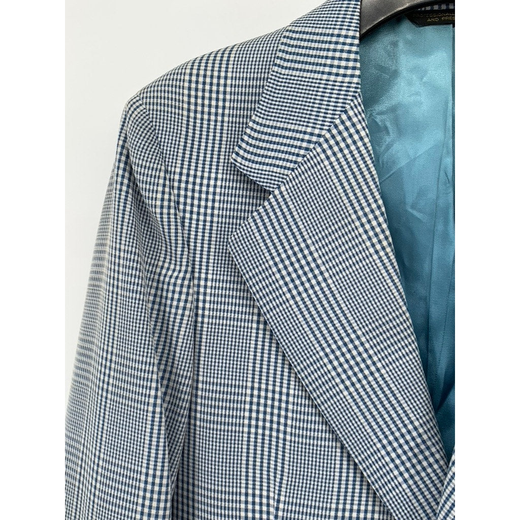HUGHES & HATCHER Men's Blue Vintage Gingham Plaid Two-Button Blazer SZ 37S
