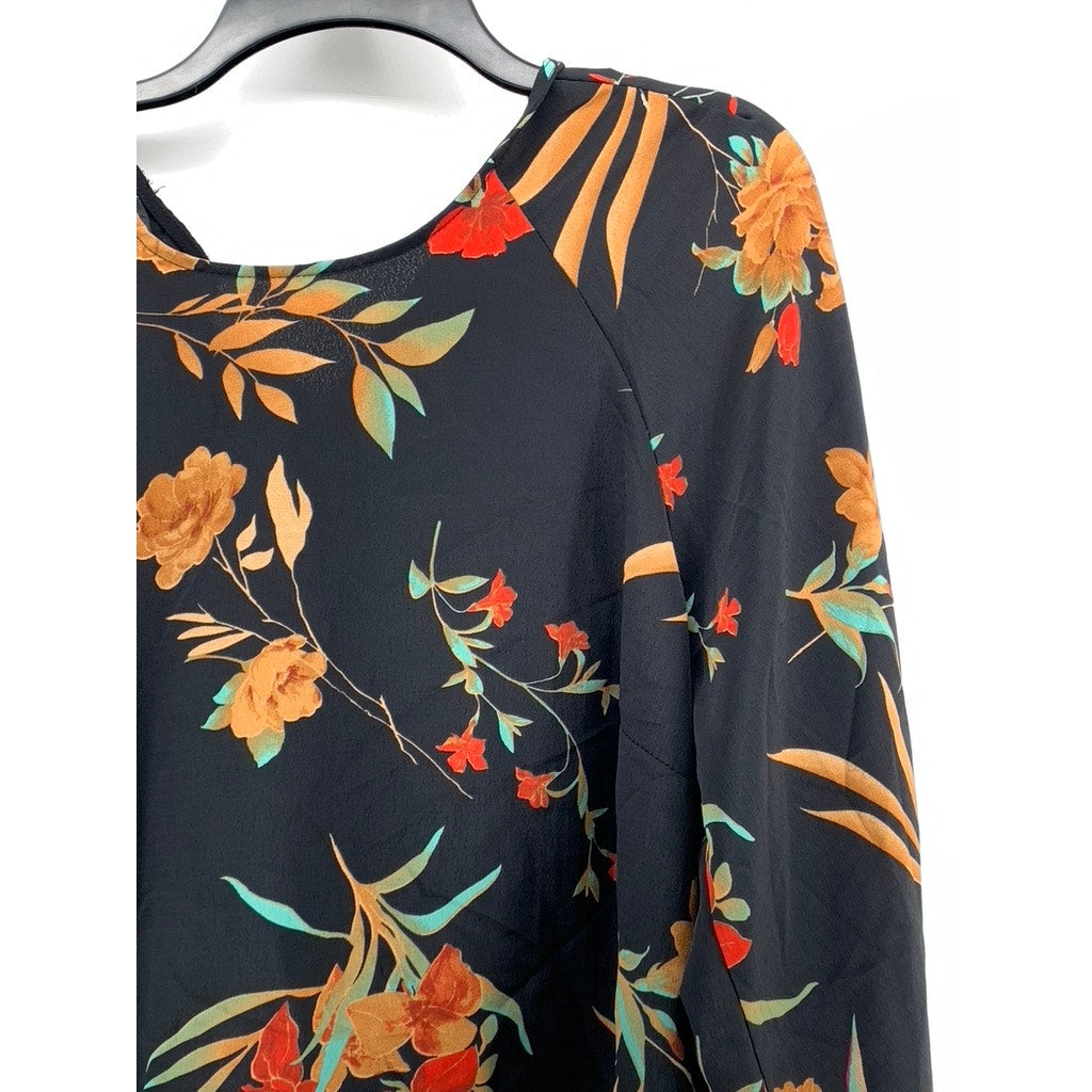 CODE X MODE Women's Black Floral Tie-Back 3/4 Sleeve Top SZ XL