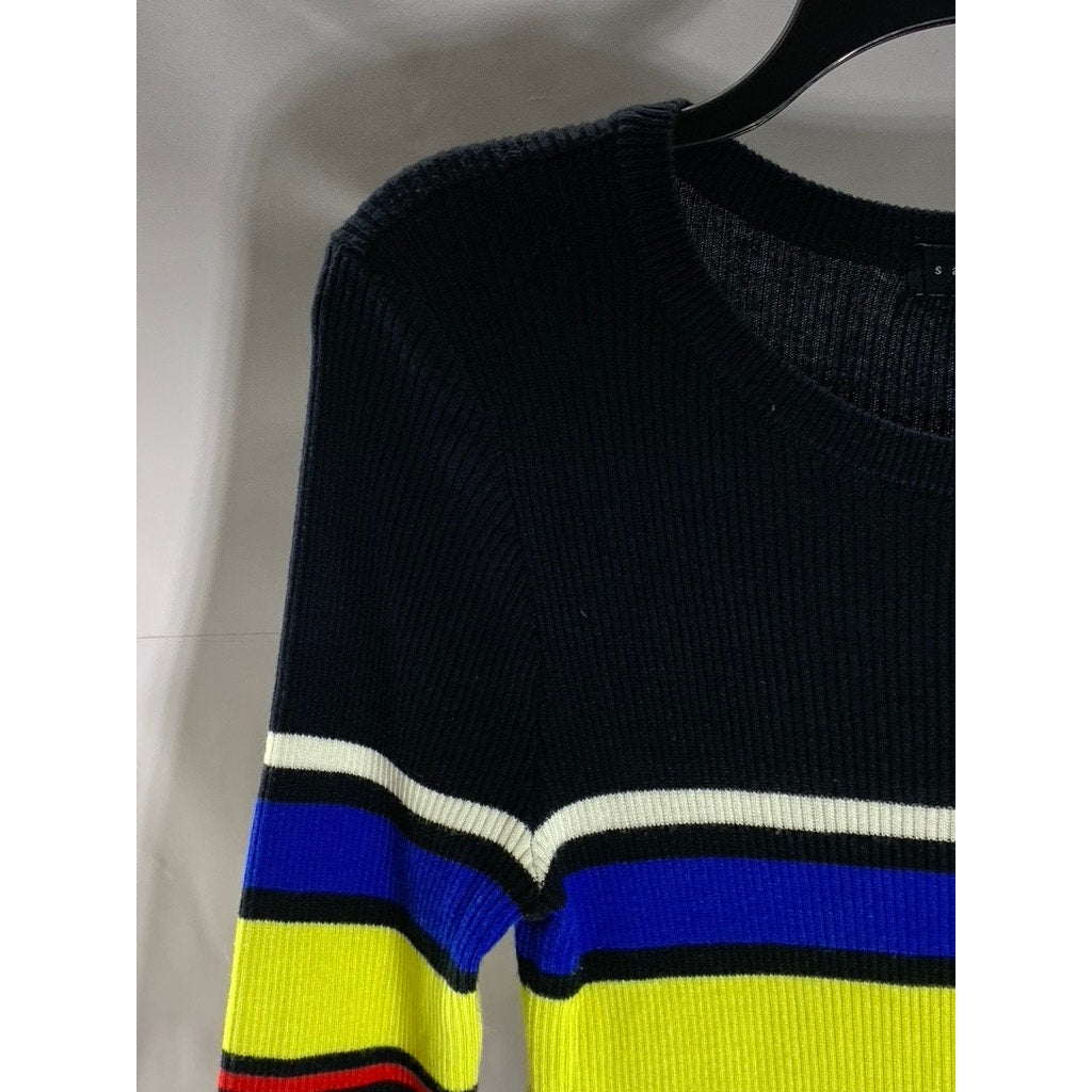 SANCTUARY Women's Black/Multi Striped Crewneck 3/4 Sleeve Knit Mini Dress SZ M