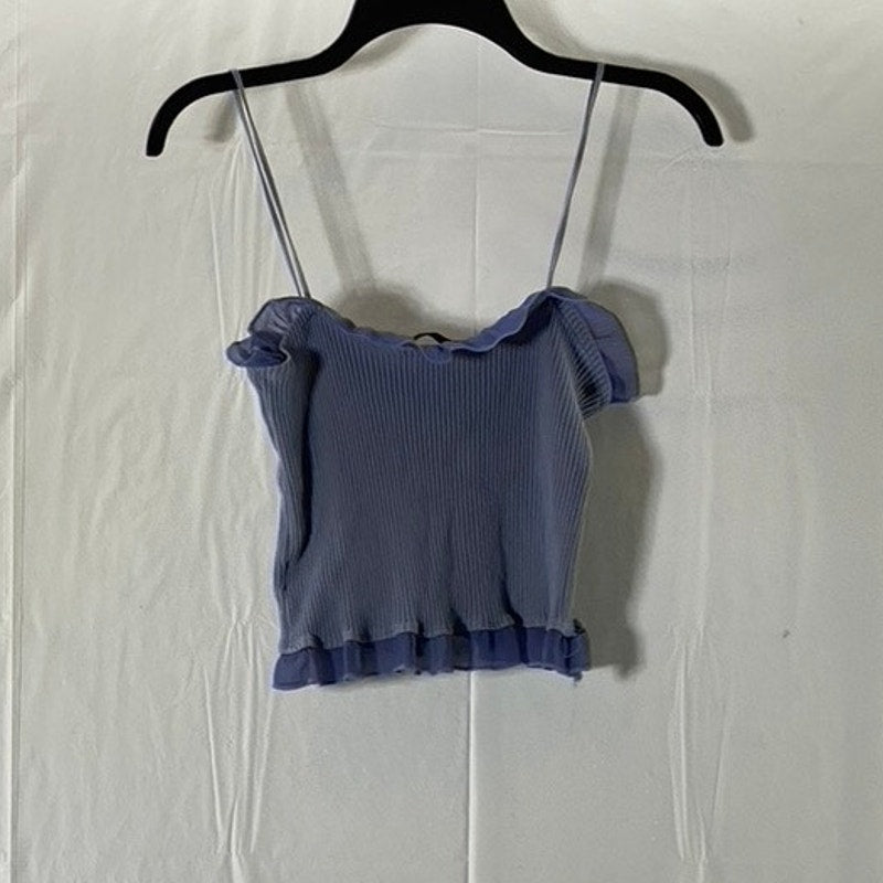 SHEIN Women's Blue Ruffle-Trim Lace-Up Front Ribbed Tank Top SZ S