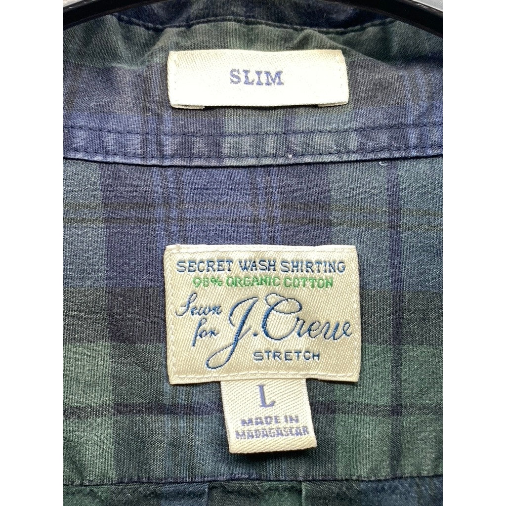 J.CREW Men's Navy Blue-Green Plaid Slim-Fit Button-Up Long Sleeve Shirt SZ L