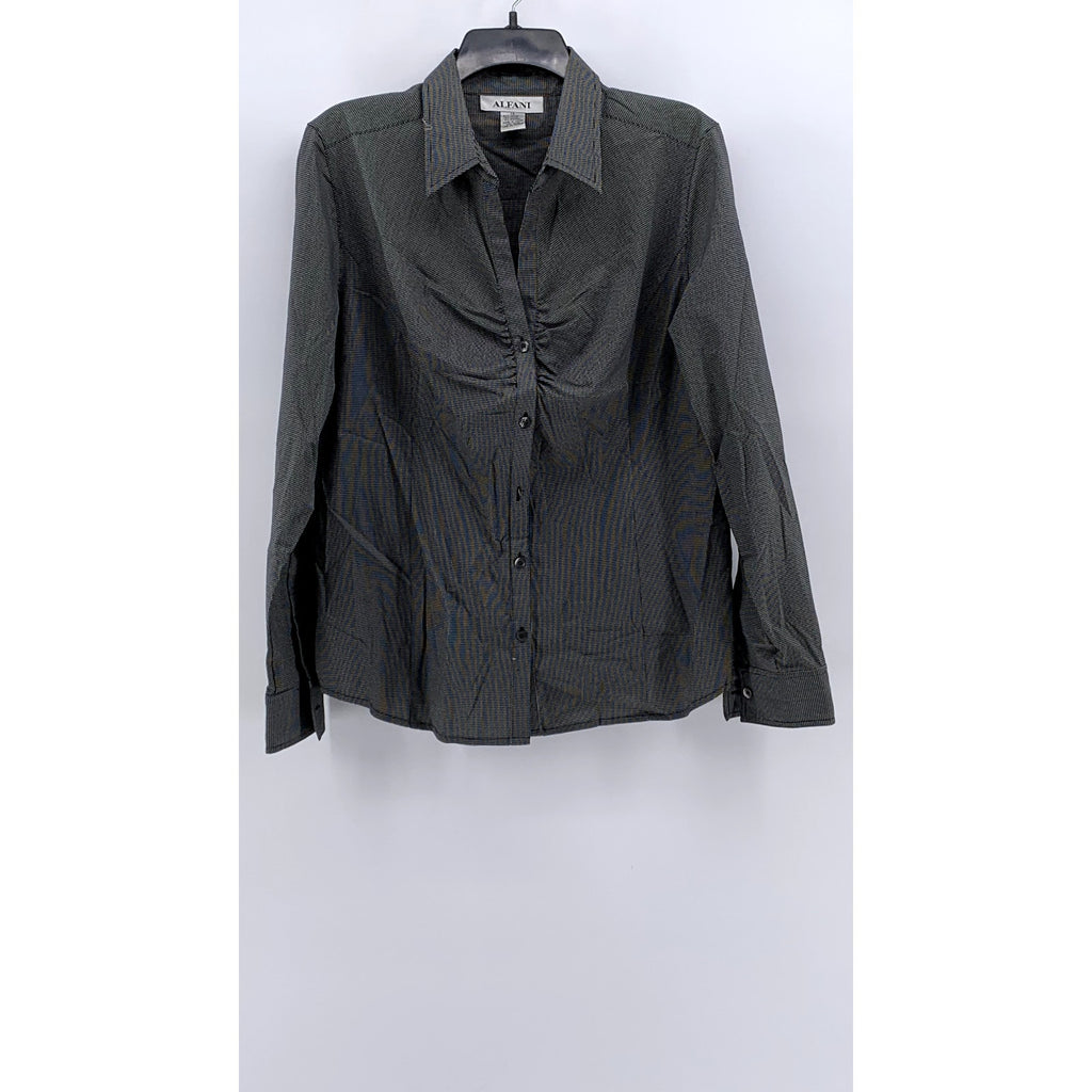 ALFANI Women's Black Houndstooth Button-Up Long Sleeve Top SZ 14